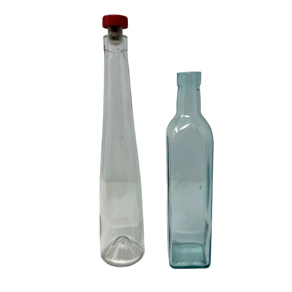Vintage Glass Bottles Lot of 2 – Oil Vinegar Bottle w/ Pour Spout & Tall Stopper